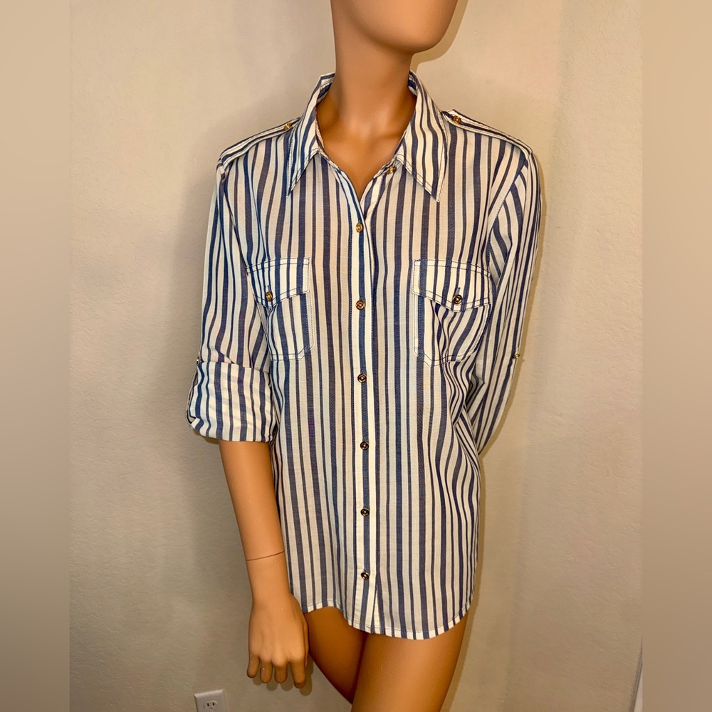 Tory Burch Blue White Striped Button Down Shirt Roll Tab Gold Logo Buttons 14